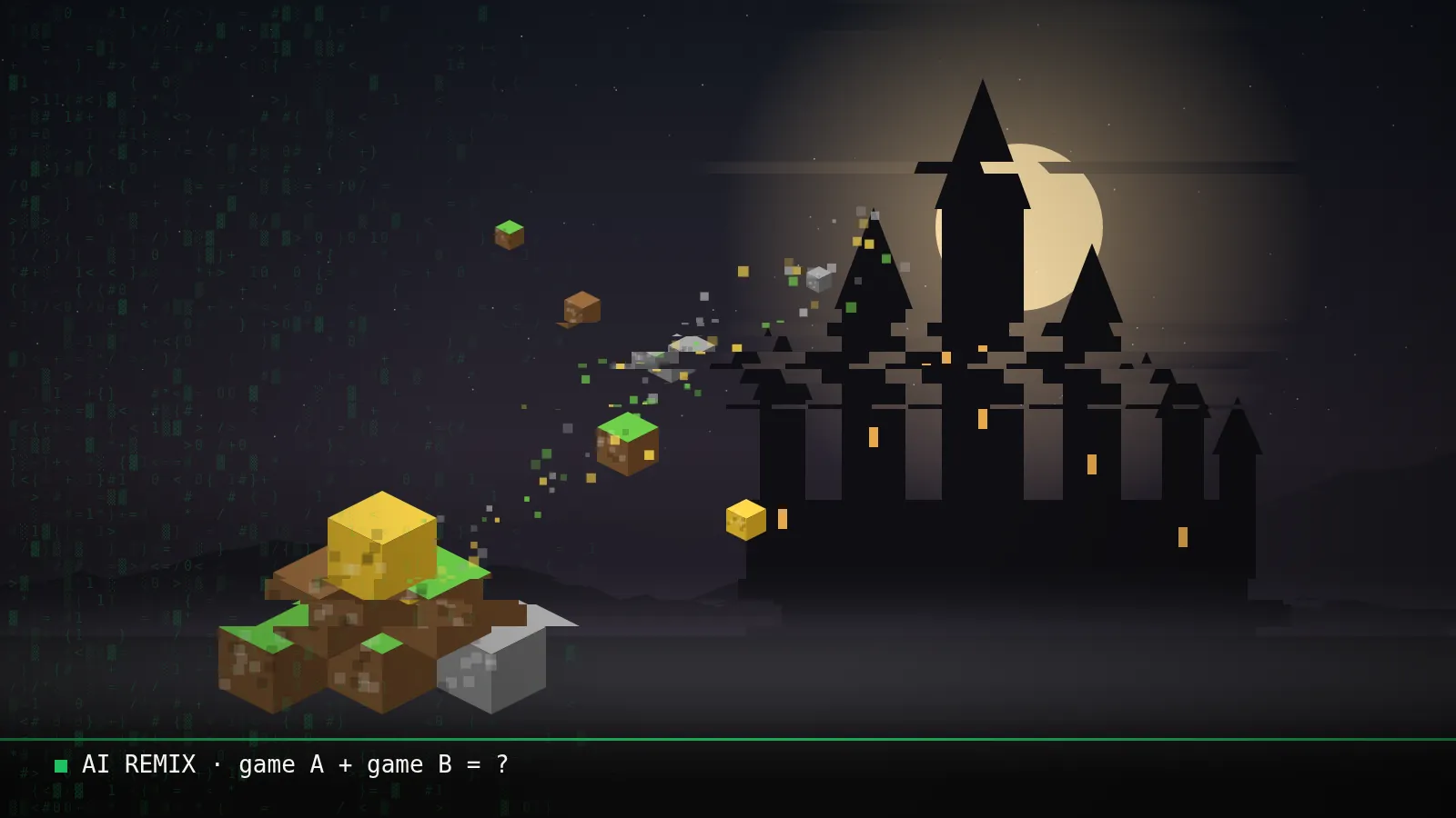 Ilustrácia: temný gotický hrad v mesačnom svetle, do ktorého vlietajú kocky ako z inej hry, s glitch efektom a zeleným kódom