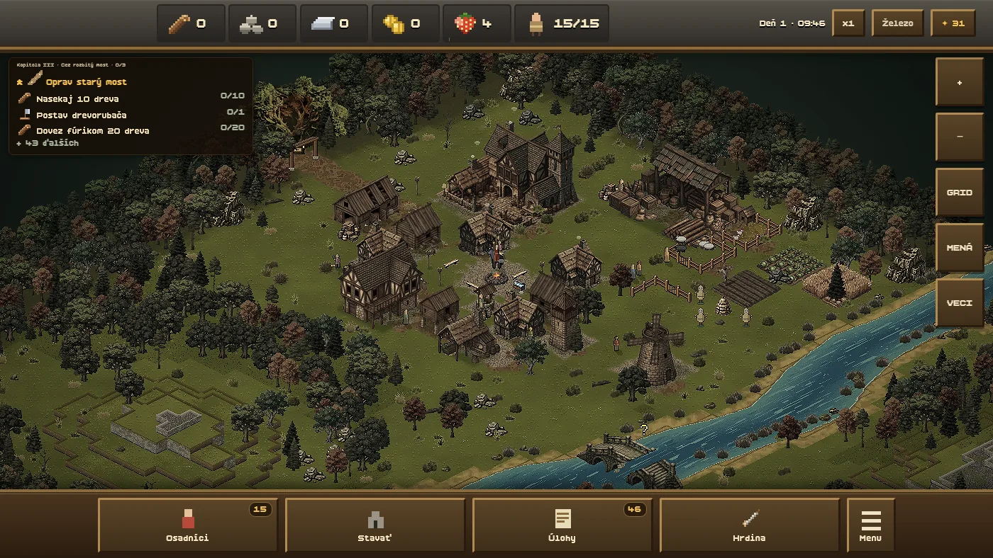 Usage of Empires: pixel-art dedina z výšky s hlavnou budovou, domami, poľami, mlynom a riekou