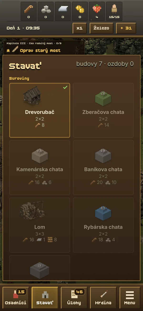 Menu Stavať v Usage of Empires: budovy rozdelené do kategórií, prvá kategória Suroviny