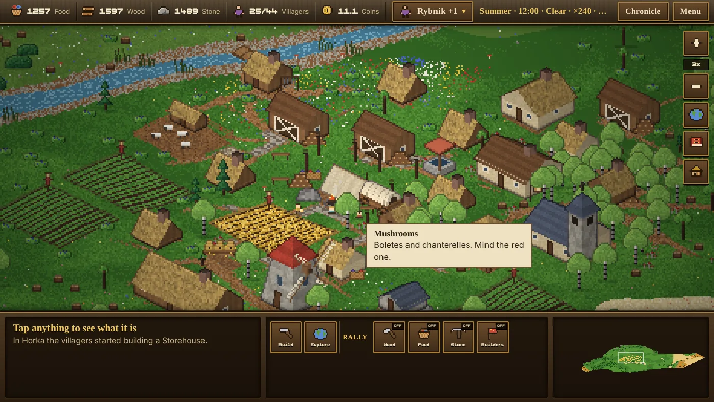 Usage of Empires II: svetlá pixel-art dedina so slamenými strechami, poľami, kostolom a mlynom