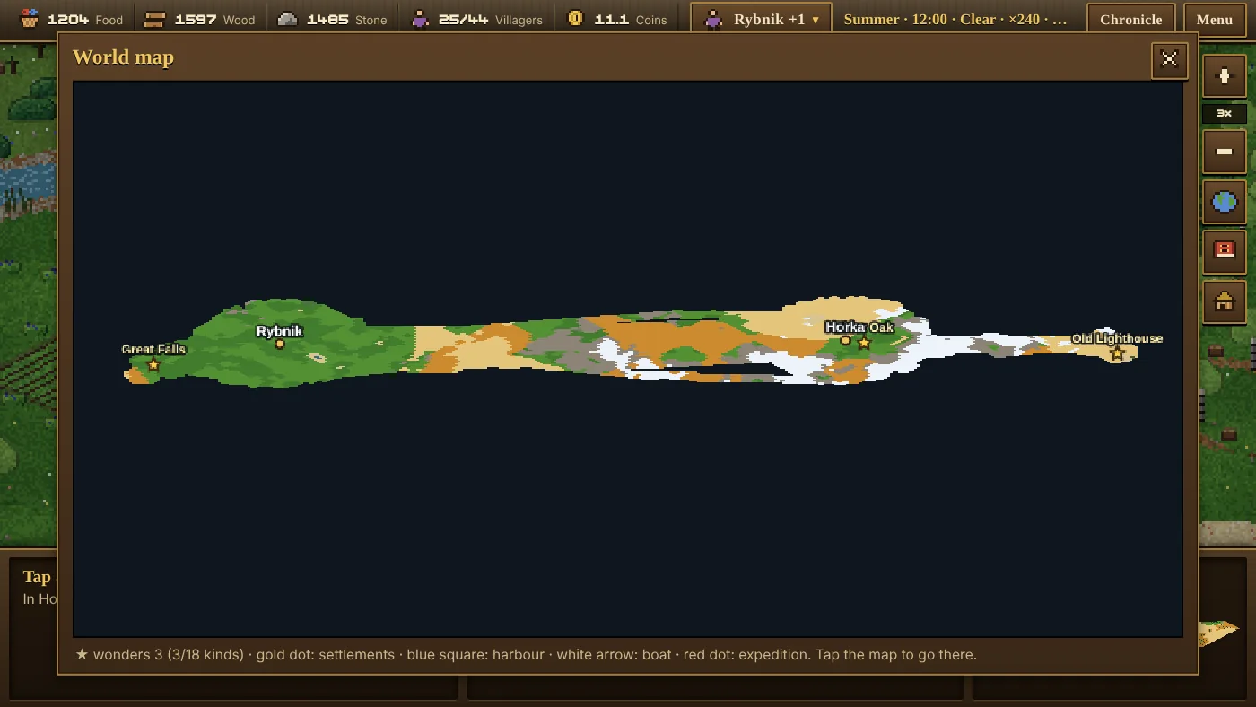 Mapa sveta v Usage of Empires II: dlhý pás zeme s osadou Rybnik, dedinou Horka Oak, Veľkými vodopádmi a Starým majákom