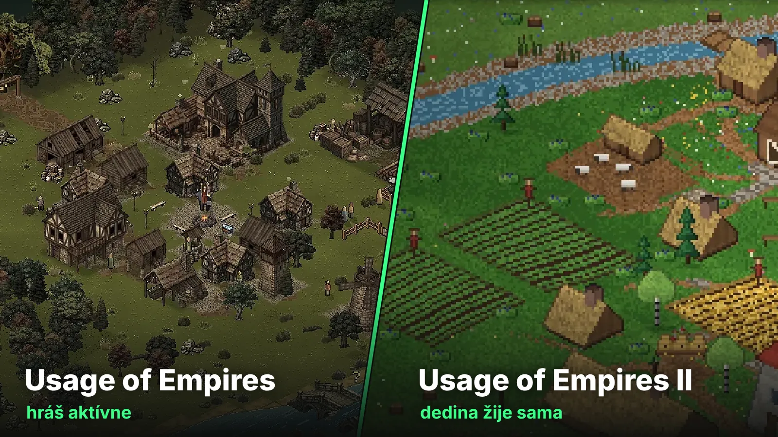 Dve hry vedľa seba: izometrická pixel-art dedina Usage of Empires a jesenná dedina z Usage of Empires II pri jazere