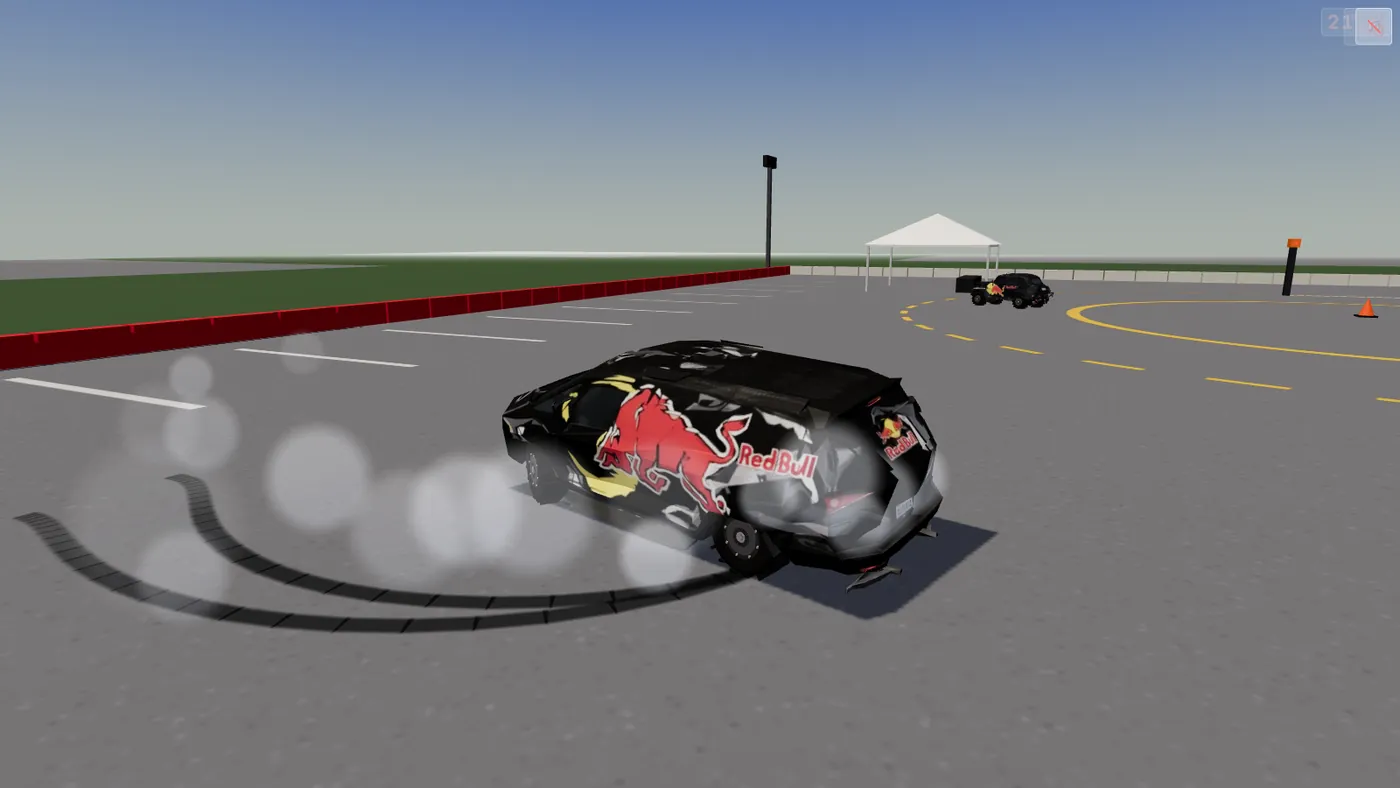Drift na parkovisku v hre Event Car Drift: dym spoza kolies, stopy po pneumatikách a v pozadí zaparkované druhé auto