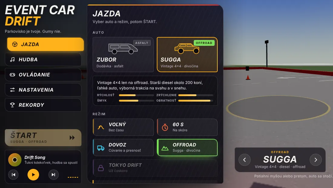 Menu hry Event Car Drift s vybranou Suggou a režimom Offroad