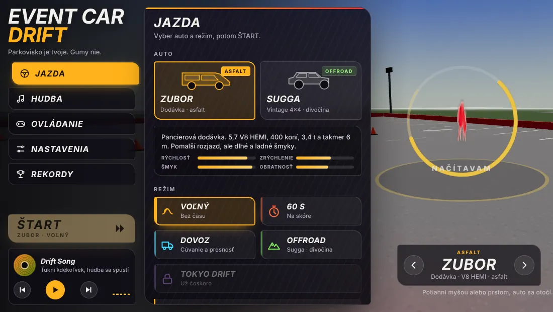 Menu hry Event Car Drift s vybraným autom Zubor