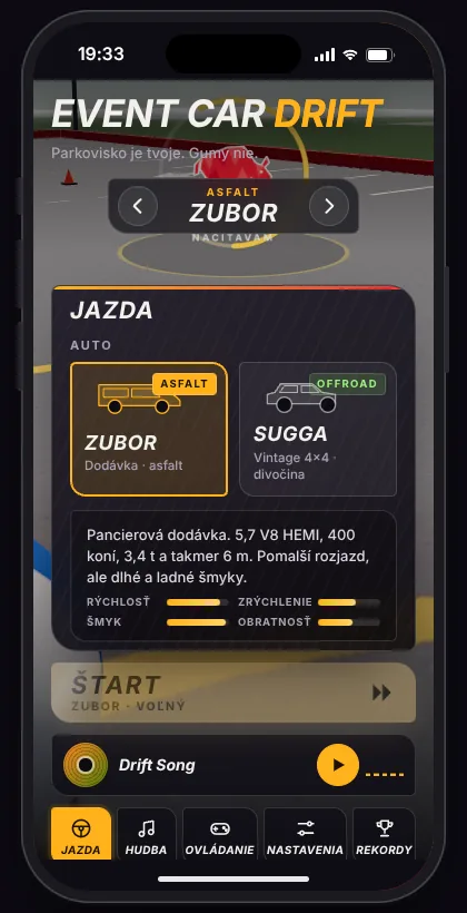 Hra Event Car Drift otvorená vnútri telefónu v robOS