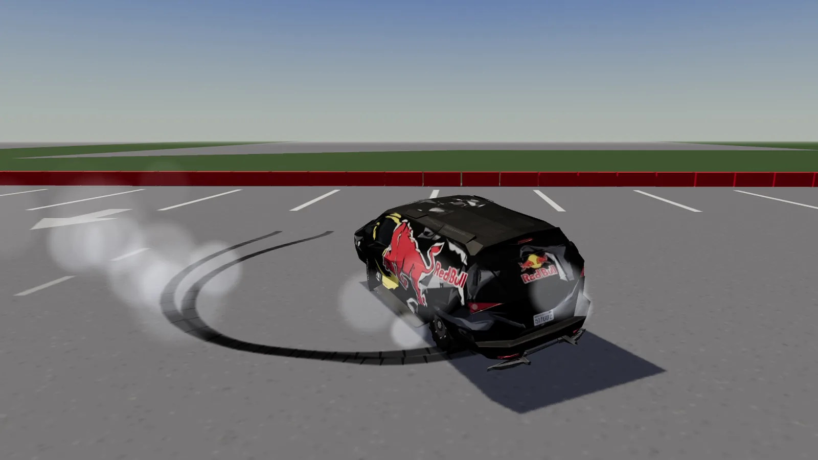 Screenshot hry Event Car Drift: čierna dodávka v drifte na parkovisku, za ňou dym a stopy po gumách