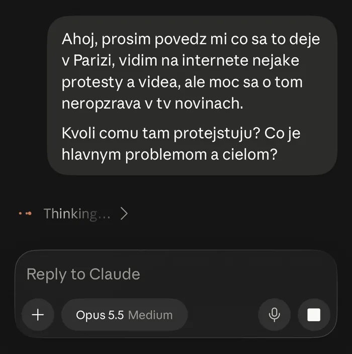 Otázka o protestoch v Paríži zadaná do Claude, model Opus 5.5, Medium