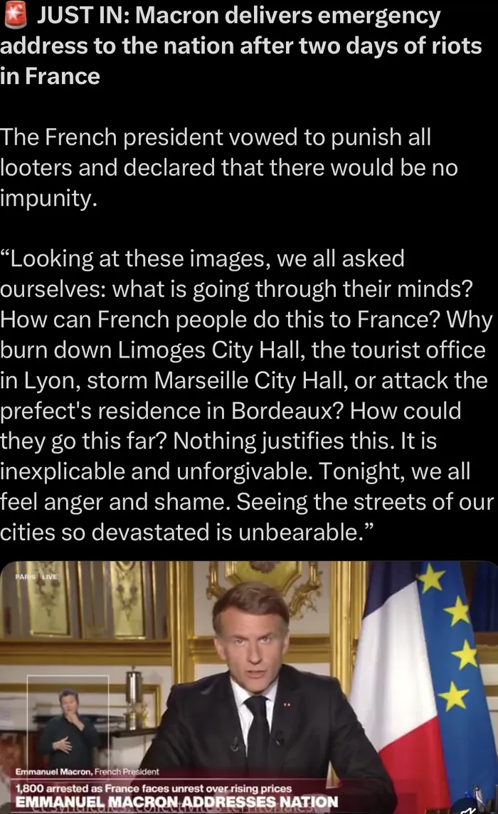 Post na X: Macron má mimoriadny prejav k národu po dvoch dňoch nepokojov, v titulku 1 800 zatknutých
