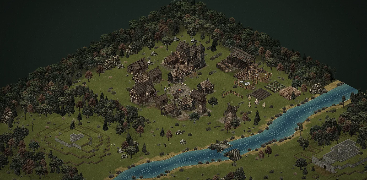 Usage of Empires: pixel-art dedina z výšky, s hlavnou budovou, domami, poľami, mlynom a riekou s mostom