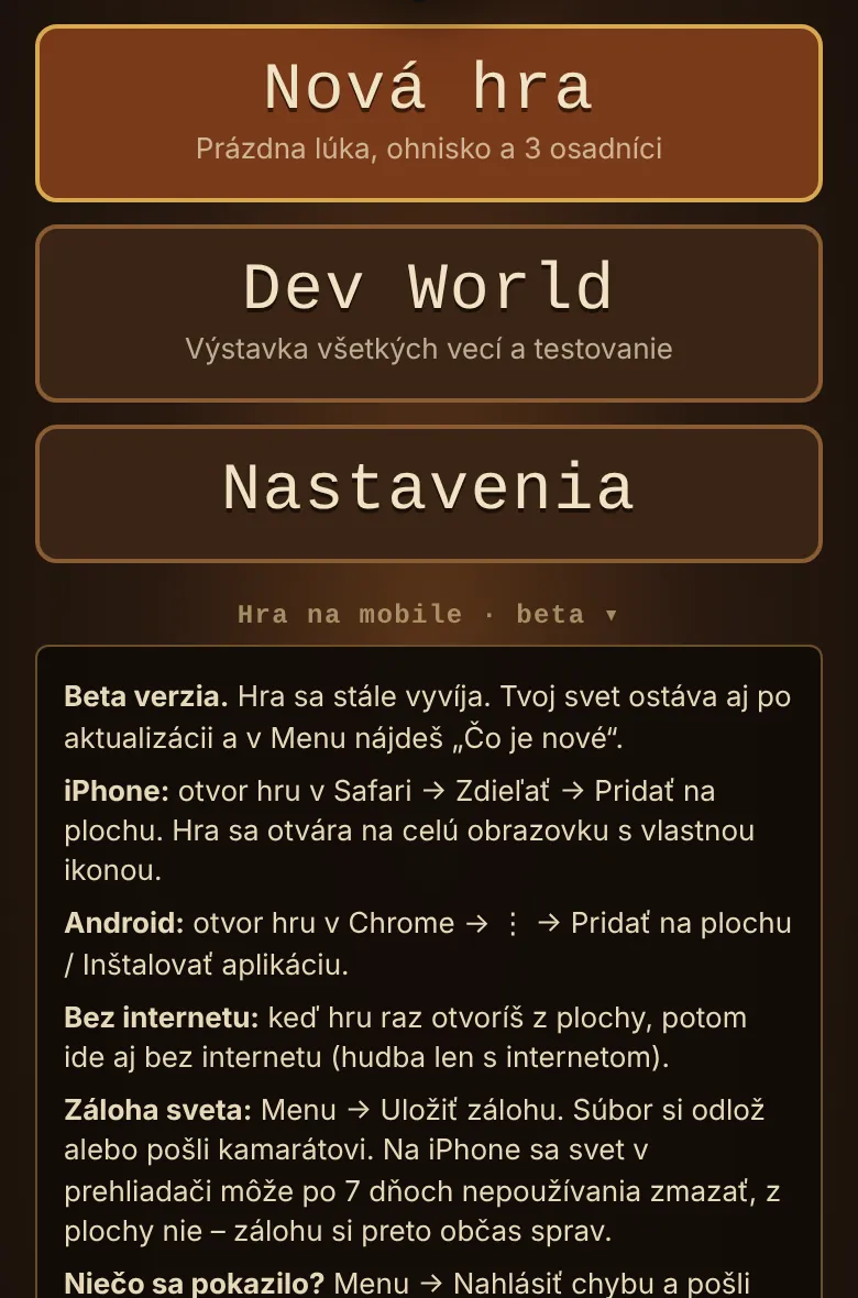 Hlavné menu hry Usage of Empires s rozbaleným návodom Hra na mobile, beta