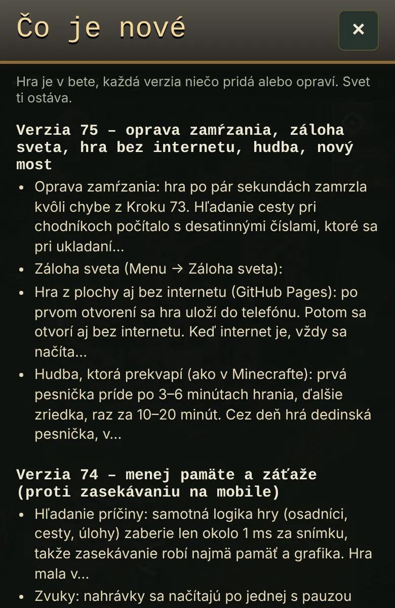 Okno Čo je nové v hre Usage of Empires so zoznamom zmien