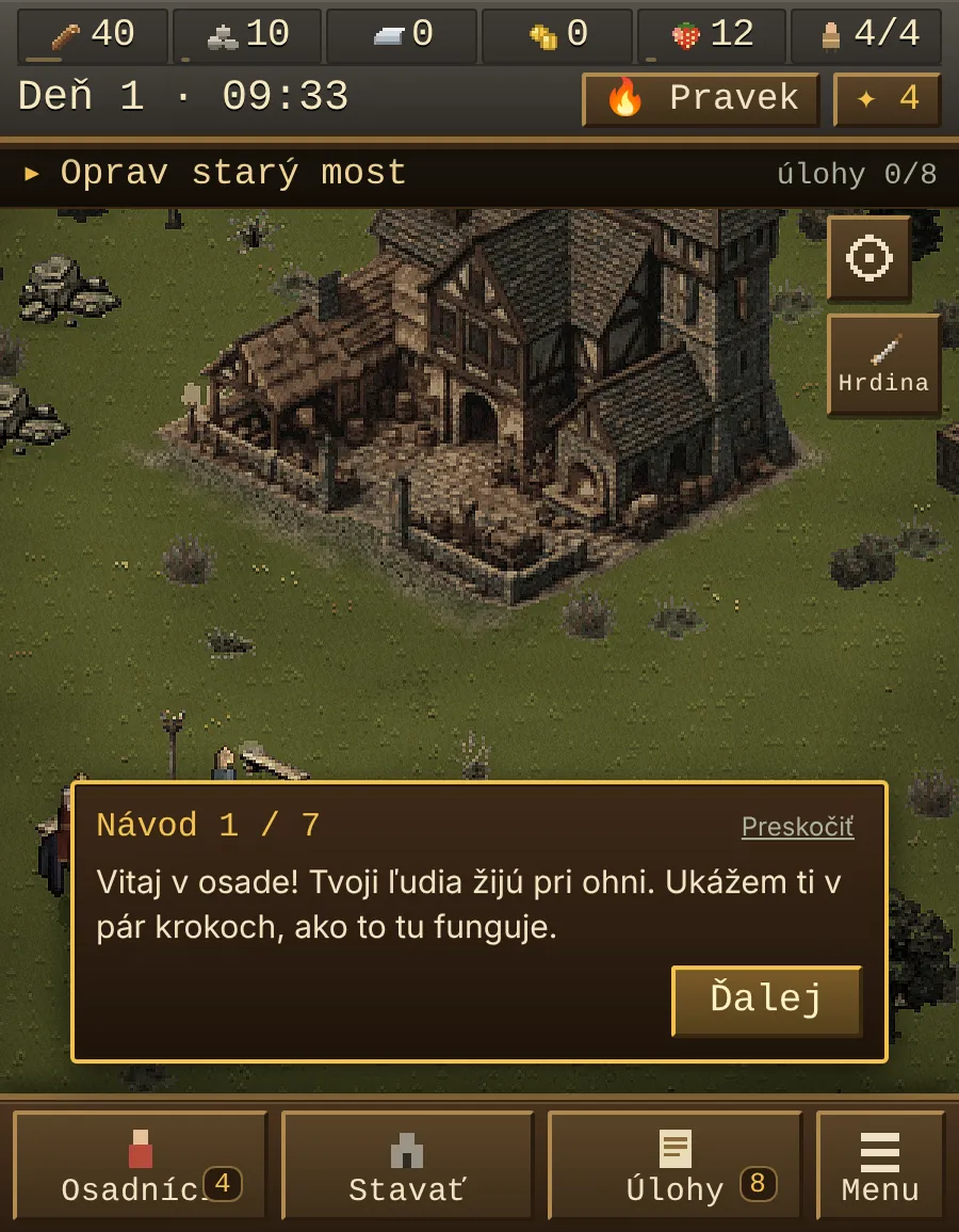 Začiatok Novej hry v Usage of Empires: okno s návodom a v pozadí hlavná budova