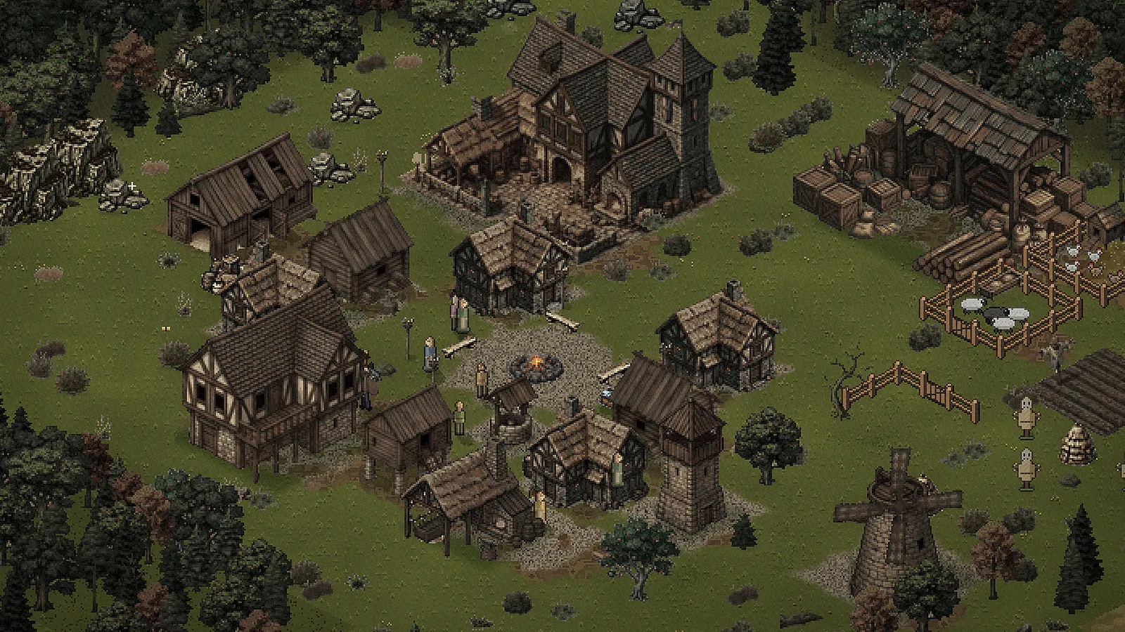 Hra Usage of Empires: izometrická pixel-art dedina s hlavnou budovou, ohniskom, domami a mlynom