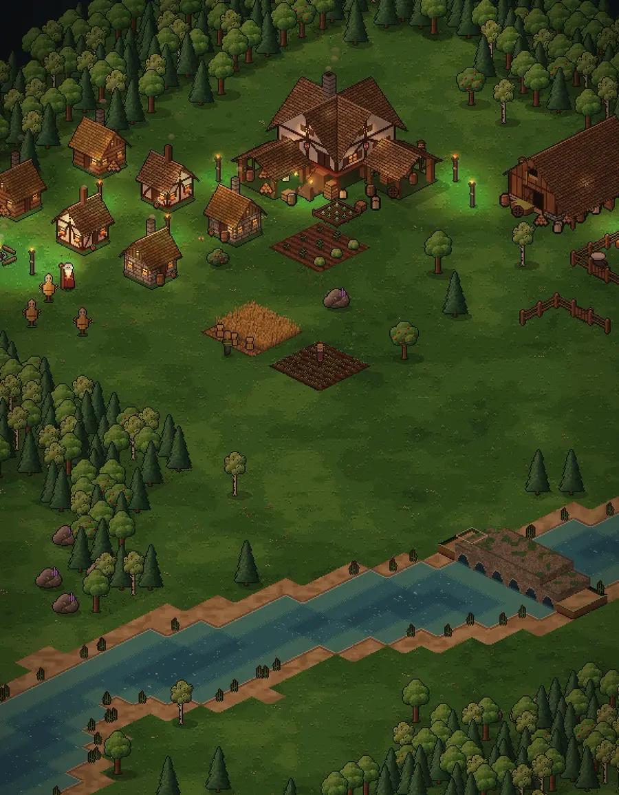 Hra Usage of Empires v nočnom režime: svietiace okná a fakle, rieka a most