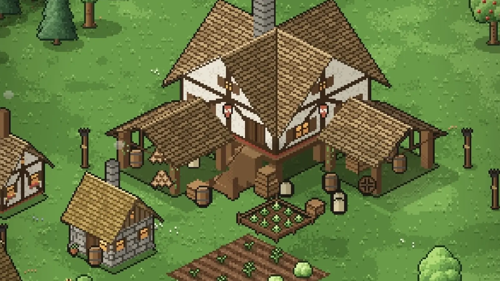 Screenshot hry Usage of Empires: izometrická pixel-art dedina s hlavnou budovou, poľami a osadníkmi