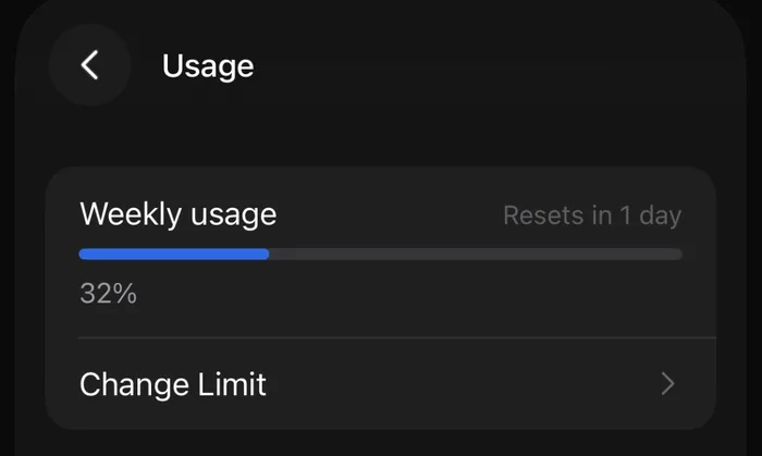 Obrazovka Usage v Groku: týždenný limit 32 %, reset o 1 deň