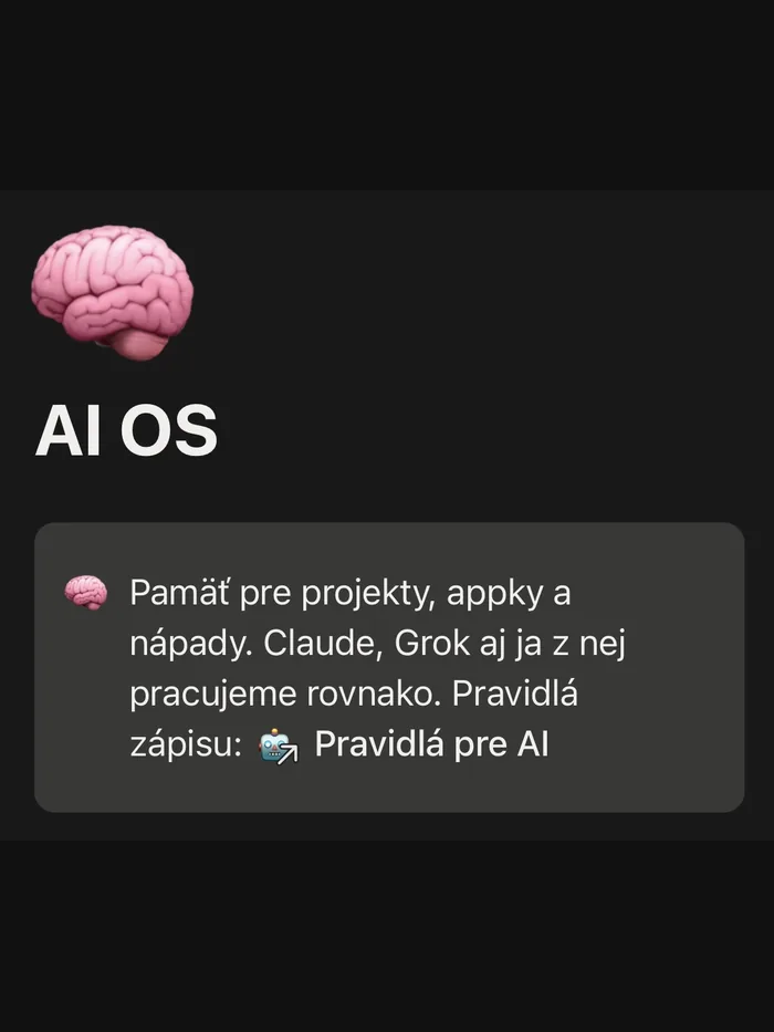 Notion stránka AI OS: pamäť pre projekty, appky a nápady, s odkazom na Pravidlá pre AI